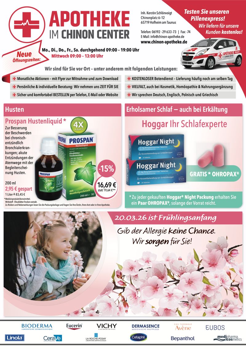 Aktuelle Monatsangebote der Apotheke im Chinon Center Monatlicher Angebotsflyer der Apotheke im Chinon Center mit Informationen zu Öffnungszeiten, Leistungen, Aktionen und wechselnden Produktangeboten aus Bereichen wie Gesundheit, Pflege und Selbstmedikation.